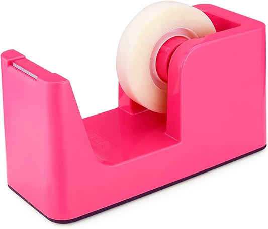 ABEL SimpleWork Desktop Tape Dispenser, Pink, 1 in Core, Non-Skid Weighted Base, Tape Cutter for Office, Home, School, and Crafts