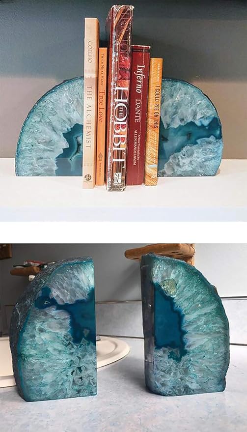 JIC Gem Teal Agate Bookends Geode Book Ends for Bookshelf Decor Decorative Bookends for Shelves Unique Cute Teal Decor with Rubber Bumpers (1 Pair, 3-4 Lbs)