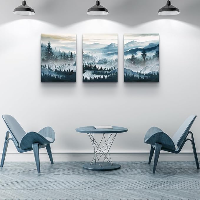 MHARTK66 Mountain Landscape Wall Art for Living Room, Large Foggy Forest Watercolor Artwork for Walls, 3 Piece Nature Mountain Forest Paintings Prints for Hallway Office Kitchen Wall Decor, 16x24 Inch
