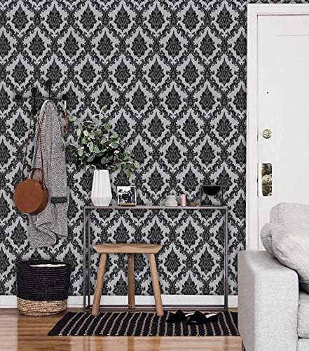 17.7" x 394" Black Peel and Stick Wallpaper Black Vintage Wall Paper