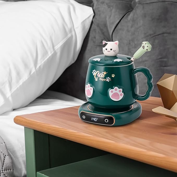 Bgbg Coffee Mug Warmer & Cute Cat Mug Set, Beverage Cup Warmer for Desk Home Office with Three Temperature Up to 140℉/ 60℃, Coffee Warmer for Cocoa Milk Tea Water Candle, 8 Hours Auto Shut Off