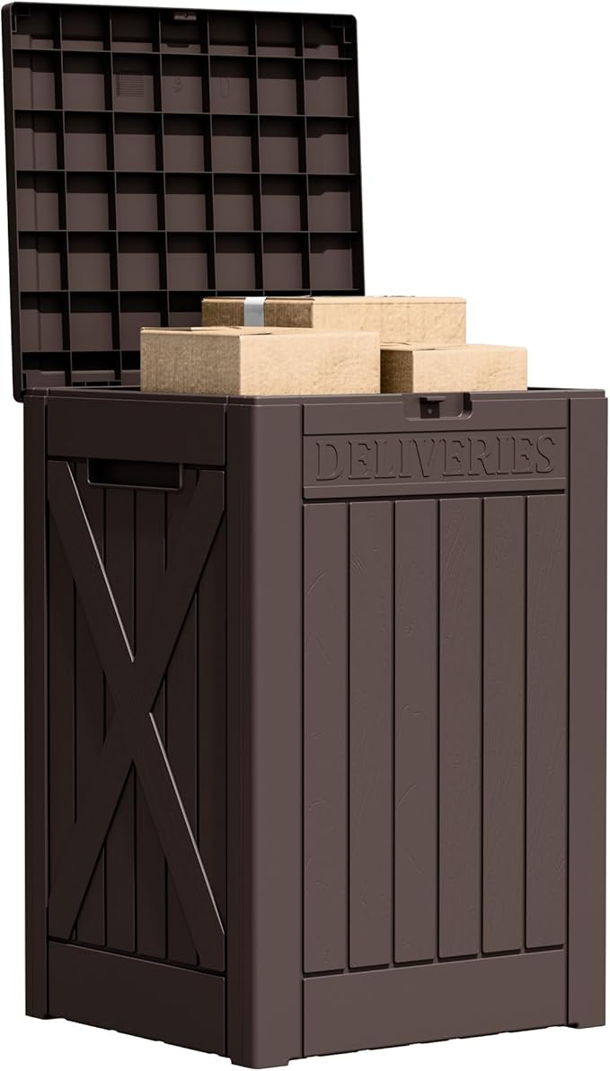 Flamaker 50 Gallon Deck Box, Package Delivery Box for Outside, Outdoor Package Drop Container for Gifts, Waterproof Plastic Storage Container with Lockable Secure for Porch (Deep Brown)