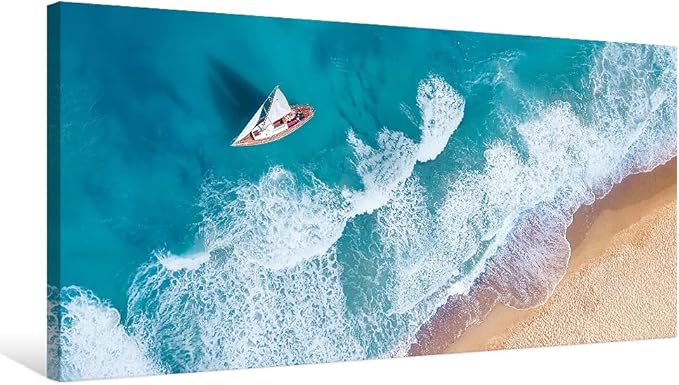 Goldfoilart Blue Ocean Sea Beach Canvas Wall Art Sailboat Painting Print on