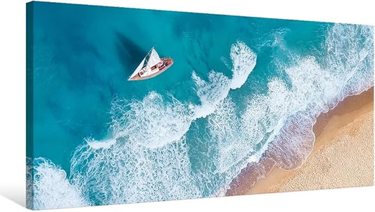 Goldfoilart Blue Ocean Sea Beach Canvas Wall Art Sailboat Painting Print on