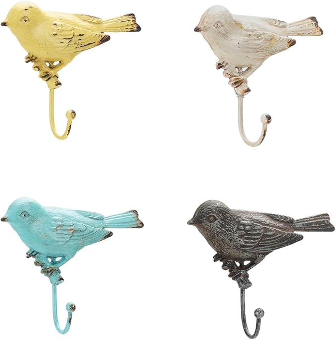 SOFFEE DESIGN Set of 4 Vintage Metal Birds Wall Coat Hooks, Heavy Duty Hangger