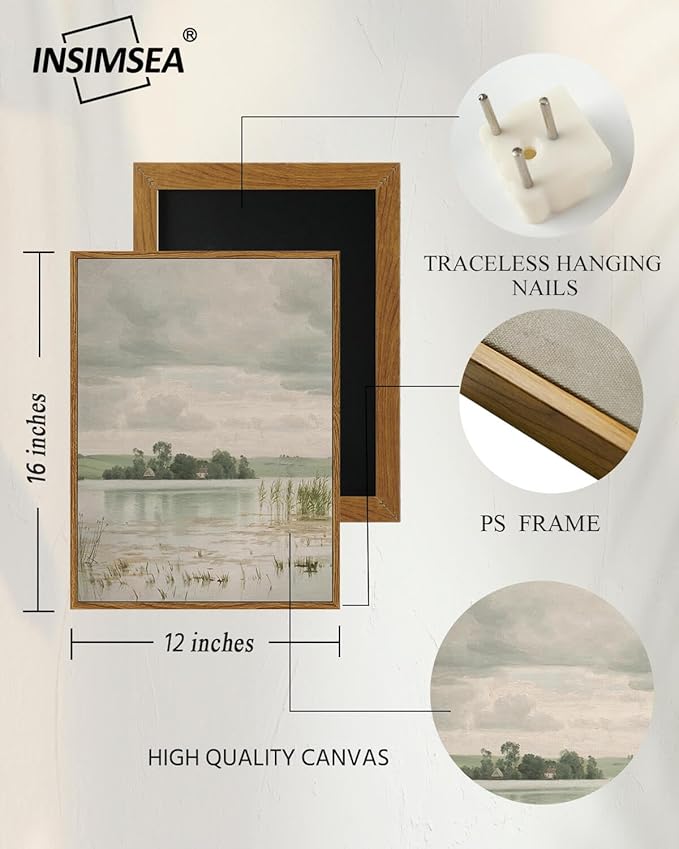 InSimSea Framed Canvas Prints Art Vintage Decor, Countryside Wall Art Decorations for Living Room, Retro Lakeside Paintings Prints, Home Wall Decor for Bathroom Bedroom, 12"x16"