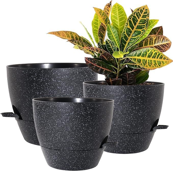 10/9/8 inch Self Watering Pots, Set of 3 Plastic Planters with Mesh Drainage Holes and Deep Reservoir for Indoor Outdoor Garden Plants and Flowers, Black Speckles