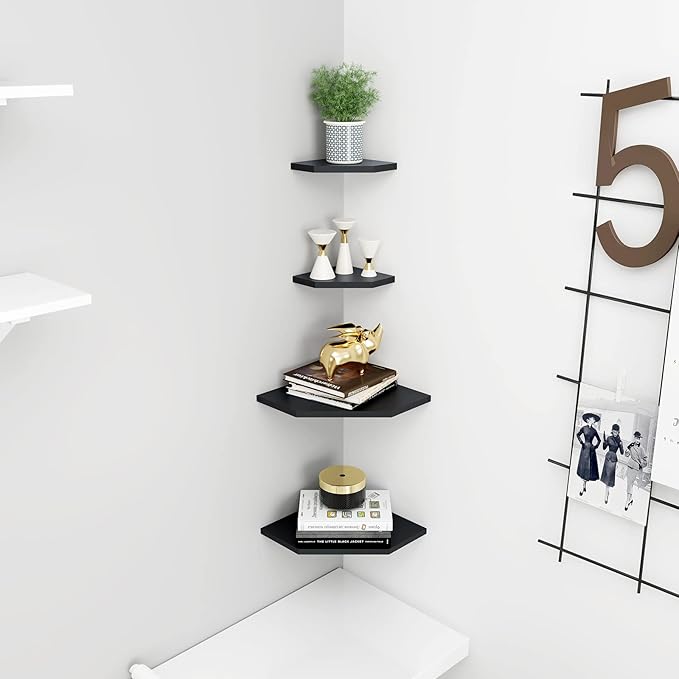 WELLAND 12-Inch Black Floating Corner Shelves Set of 2, Wall Mounted Storage