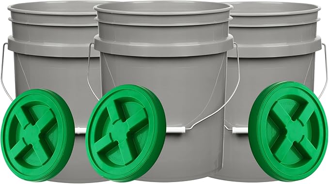 House Naturals 5 Gallon Food Grade Gray Bucket with Green Screw On Air Tight Lid (Pack of 3) BPA Free Made in USA Pails