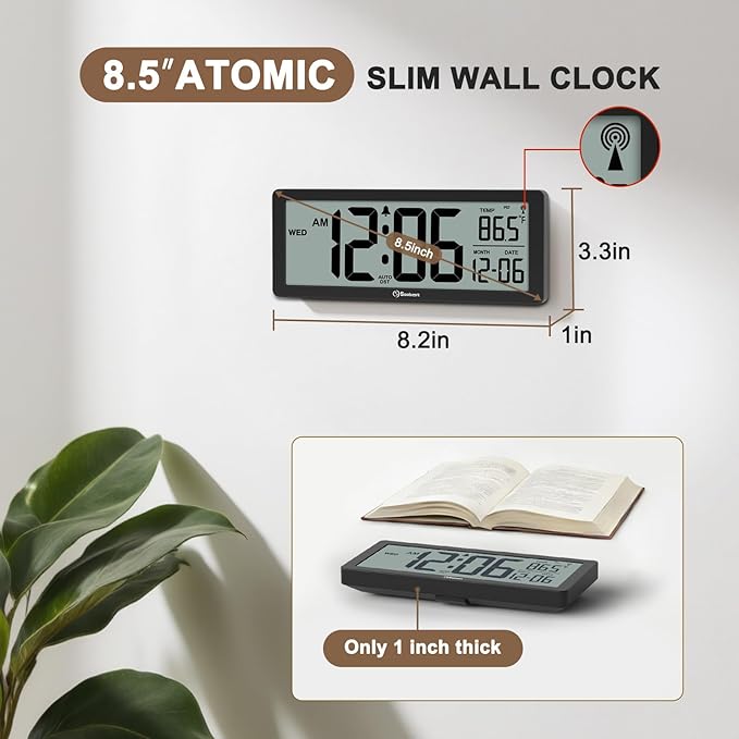 Soobest 8.5" Atomic Digital Wall Clock, Never Needs Setting, Auto Time Sync