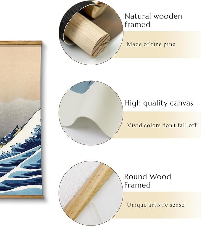 VIYYIEA Extra Large Size Canvas Wall Art, 36x54 The Great Wave off Kanagawa Scroll Hanging Japanese Print, Famous Artwork for Living Room, Bedroom, or Office