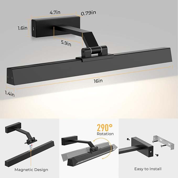 Afyuol Picture Lights for Wall, Battery Operated Gallery Light 16in for