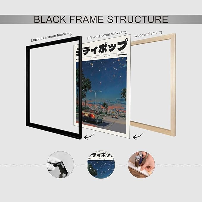 Vintage Japanese Black Framed Wall Art 90s Vaporwave Aesthetic Print Asian