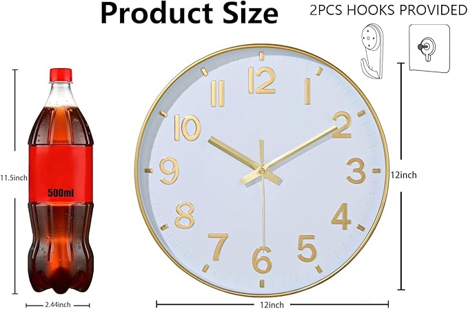 Gold Wall Clocks Battery Operated, 12 Inch Non Ticking Digital Wall Clock