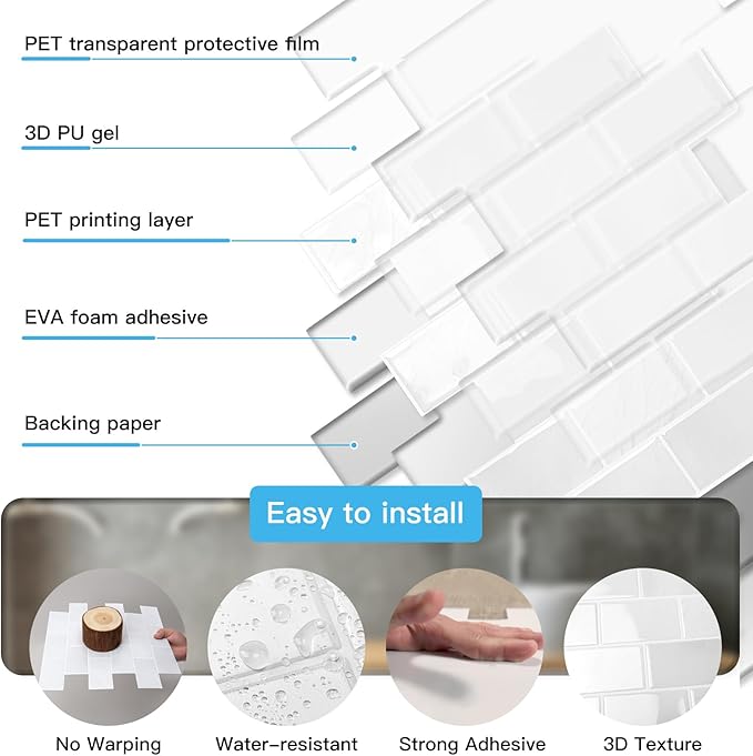 Art3d Peel and Stick Wall Tiles in White Marble– 10-Pack of 12 x12 Thickened