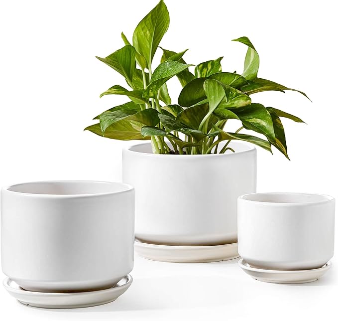 LE TAUCI Plant Pots Indoor, 4.3+5.3+6.8 Inch, Set of 3, Ceramic Planters with Drainage Hole and Saucer, Modern Indoor Flower Pot with Hole Mesh Pad, Gifts for Mom, Classic White