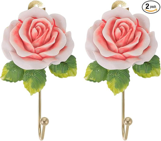 2 Pcs Pink Rose Decorative Wall Hooks, Fancy Resin Flower Towel & Key Hooks