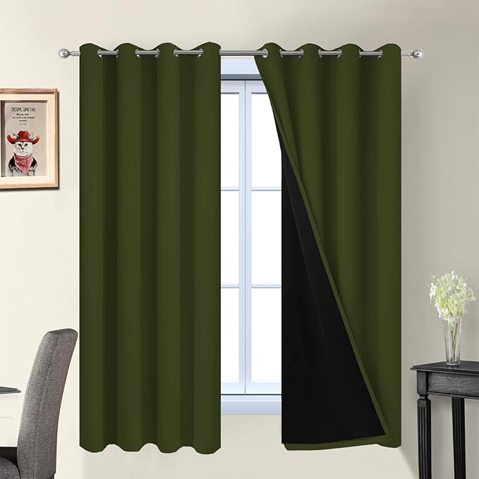 Yakamok Green 100% Blackout Curtains, Total Blackout Lined Curtain Panels