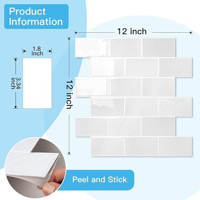 Art3d Peel and Stick Wall Tiles in White Marble– 10-Pack of 12 x12 Thickened
