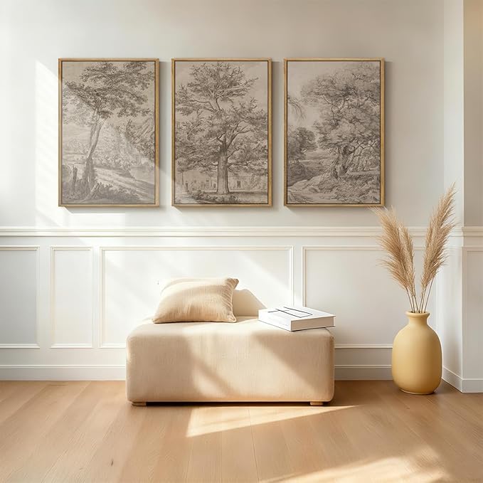 Extra Large Wall Art Framed Vintage Tree Sketch Antique Botanical Forest Prints Rustic Farmhouse Nature Decor for Living Room Bedroom Office 24"x36" Set of 3
