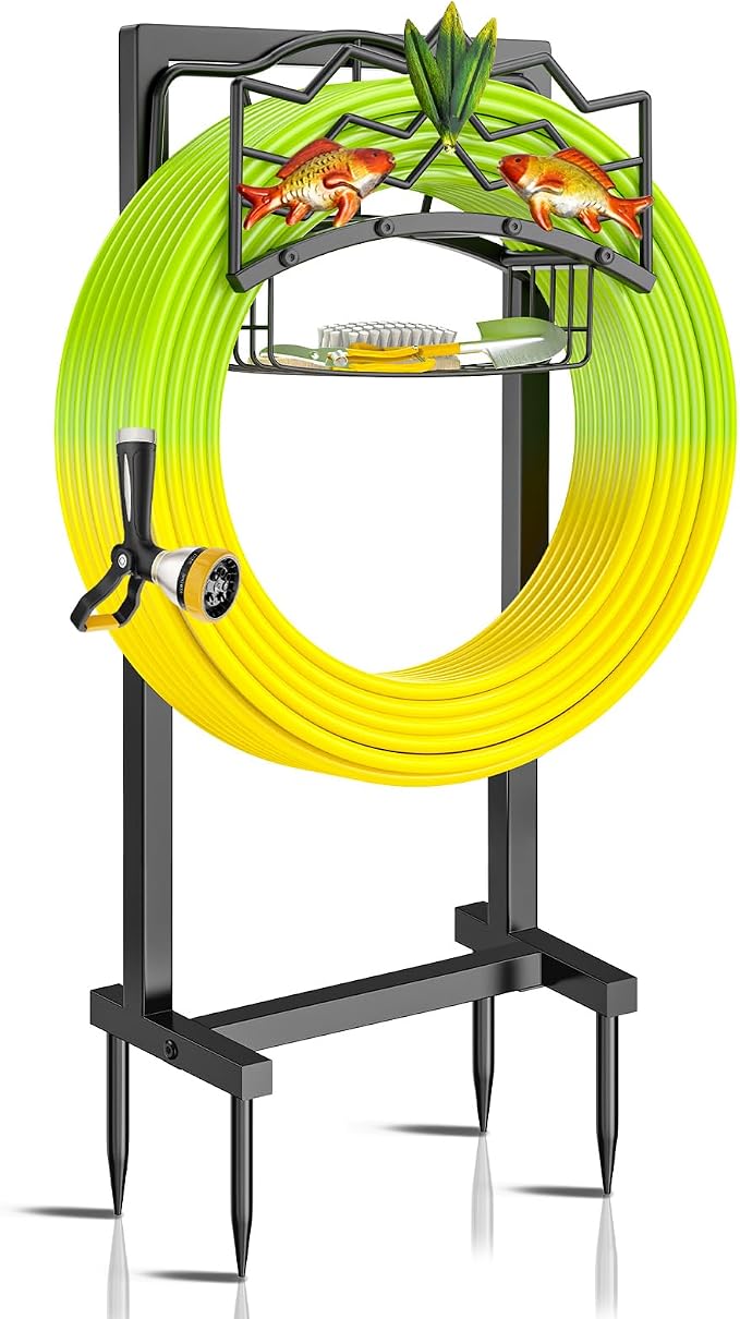 Freestanding Garden Hose Holder, Heavy Duty Black Metal Hose Rack with Storage Basket & 4 Spikes, Holds 150FT Water Hose for Yard Lawn Patio Decor