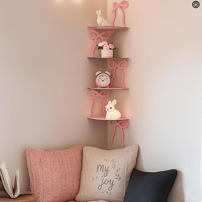 Kathfly 4 Tie Pink Bow Corner Shelf Wall Mounted Pink Floating Wood Corner