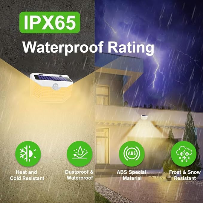 HMCITY 120 LED Solar Lights Outdoor with Motion Sensor and 3 Lighting Modes, IP65 Waterproof Wide Solar Wall Lights Ideal for Garden Patio Yard (Front Button 4Packs, White Shell-Warm White)