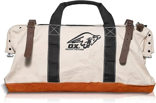 OX Tools Large Canvas Tool Bag 24 Inch Wide with Heavy Duty Masonry Tool Bag Straps and Reinforced Frame with Suede Leather Bottom for Construction Workers OX-P262924
