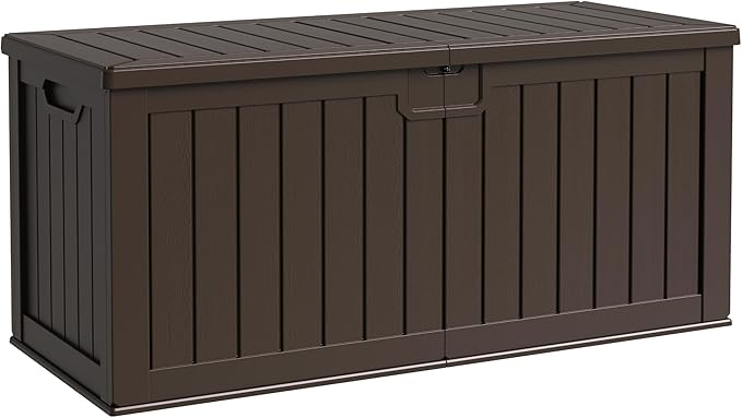Flamaker 250 Gallon Resin Deck Box, Waterproof Imitation-Wood Lockable Storage Box with Separator Plate for Outdoor Indoor, Garden, Patio Furniture for Tools & Pool Accessories (Deep Brown)