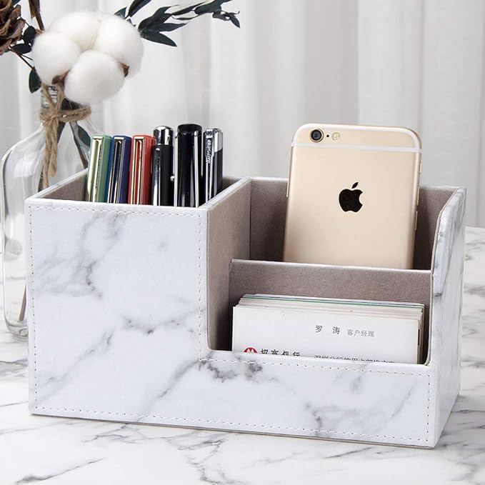 KINGFOM Desk Organizer Office Supplies Caddy Pu Leather Multi-function Storage Box Pen/Pencil,Cell phone, Business Name Cards Remote Control Holder Gray Marble