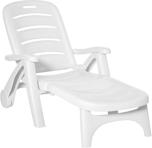 Outsunny Outdoor Chaise Lounge, 5 Level Adjustable Backrest Lounge Chair with Wheels, Folding Tanning Chair for Pool, Beach, Patio, Garden, White