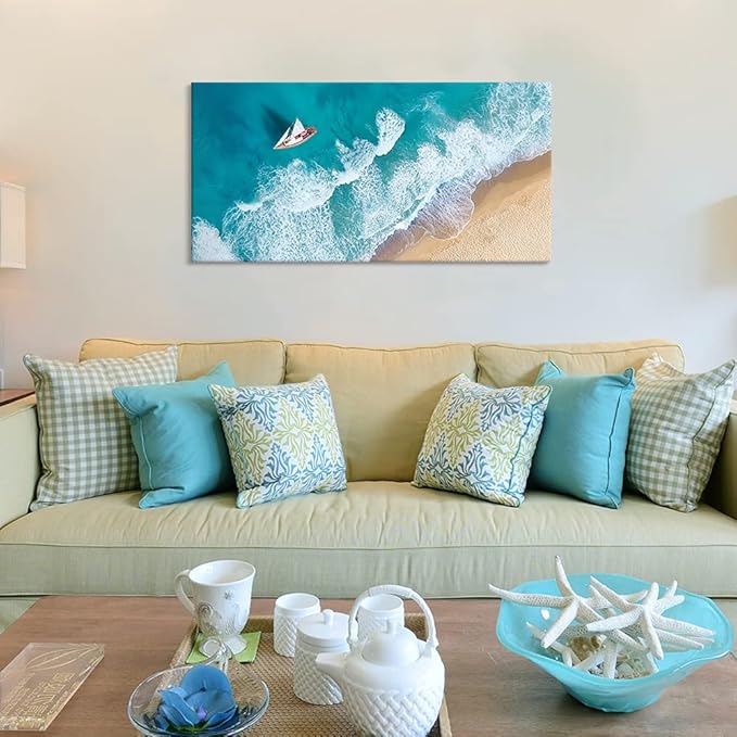 Goldfoilart Blue Ocean Sea Beach Canvas Wall Art Sailboat Painting Print on