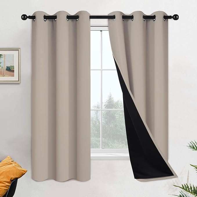 Yakamok 100% Blackout Curtains 63 Inches Long, 2 Thick Layers Heat and Full
