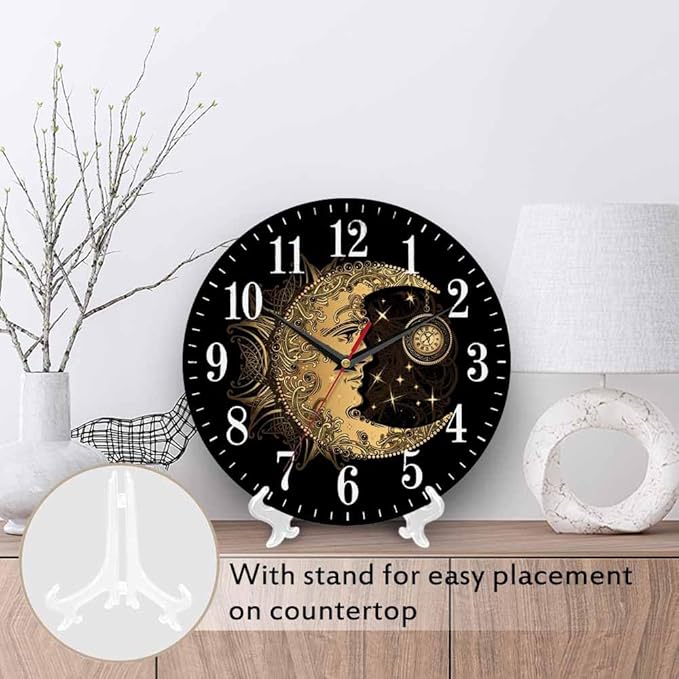 Mxocom Crescent Moon Wall Clock Boho Chic Golden Sun Ethnic Retro Night Black