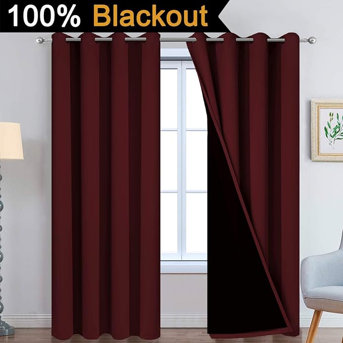 Yakamok 100% Blackout Curtains for Living Room, Noise Reducing Drapes, Thermal