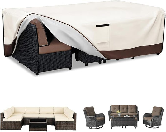 Patio Furniture Covers Waterproof,600D Heavy Duty Patio Cover for 6/7/8 PCS Sets Sectional Sofa Couch Dining Rocking Swivel Chairs Ottomans Coffee Table,111L x 74W x 28H inch Beige & Brown