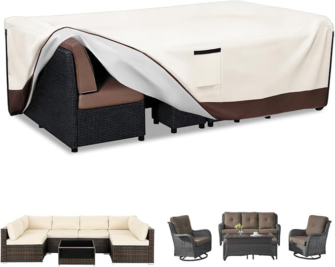 Patio Furniture Covers Waterproof,600D Heavy Duty Patio Cover for 6/7/8 PCS Sets Sectional Sofa Couch Dining Rocking Swivel Chairs Ottomans Coffee Table,110L x 84W x 28H inch Beige & Brown
