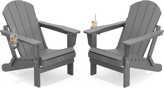 SERWALL Folding Adirondack Chair with Cup Holder Set of 2, All Weather Adirondack Chairs, Fire Pit Chairs for Patio Garden Outdoors Fire Pit - Gray