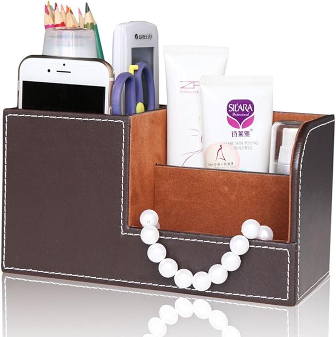 KINGFOM Desk Organizer Office Supplies Caddy Pu Leather Multi-function Storage Box Pen/Pencil,Cell phone, Business Name Cards Remote Control Holder Brown