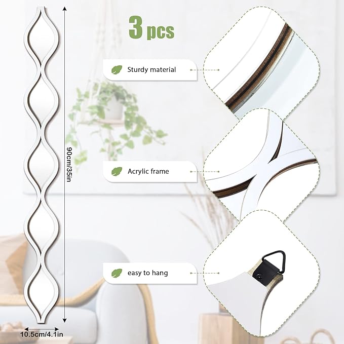 Yulejo 3 Pcs Acrylic Teardrop Mirror Wall Decor Decorative Mirror Narrow Decor