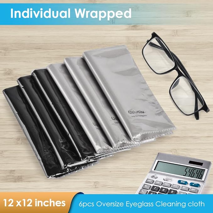 Wsivoiv 6PCS Large Eyeglass Cleaning Cloths, 12 x12 inches Glasses Cleaner, Individually Wrapped, Premium Microfiber Cleaning Cloth for Glasses, TV, Laptop Screens and Lens, Easier to Grip and Use