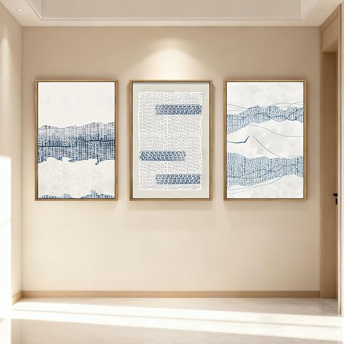 IARTTOP Large Blue Coastal Framed Wall Art 16x24 Inch White Abstract Boho Art Prints Minimalist Modern Artworks for Living Room Bedroom Dining Room Set of 3
