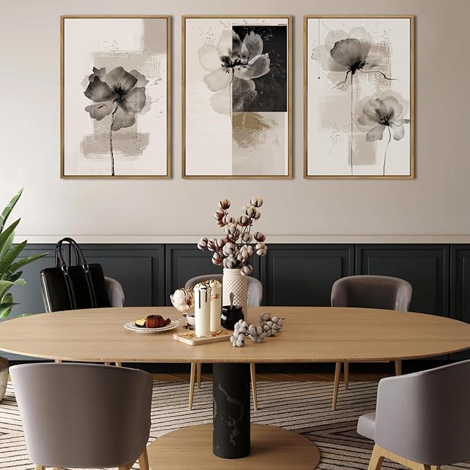 IARTTOP Neutral flower Framed Wall Art 16x24 Inch Black Beige Abstract Floral Canvas Wall Decor Modern Minimalist Flower Paintings for Living Room Bedroom Dining room Set of 3