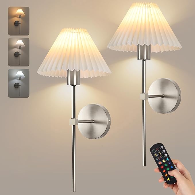 Wireless Wall Sconce Sets of 2, Pleated Shades Rechargeable Battery Operated