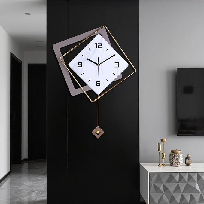 Wall Clock with Pendulum, Silent Quality Quartz Battery Operated, Modern Large