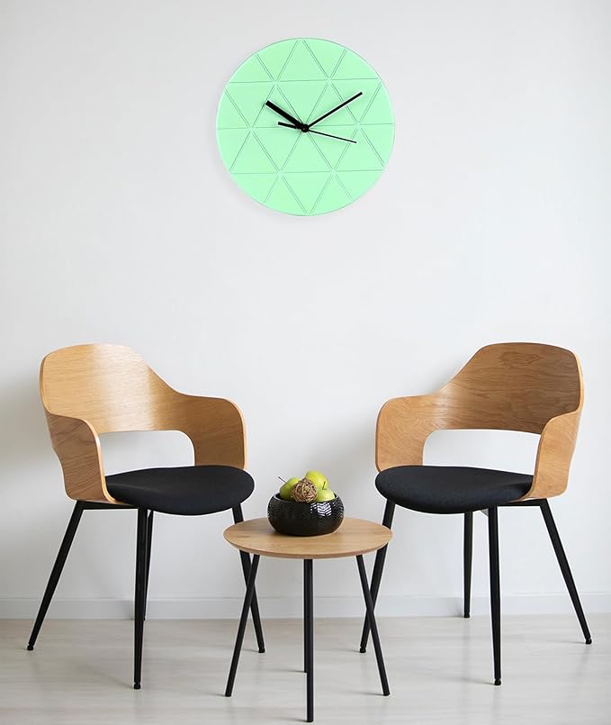 Mint Green Wooden Wall Clock 24cm Round Geometric Triangle Pattern MDF