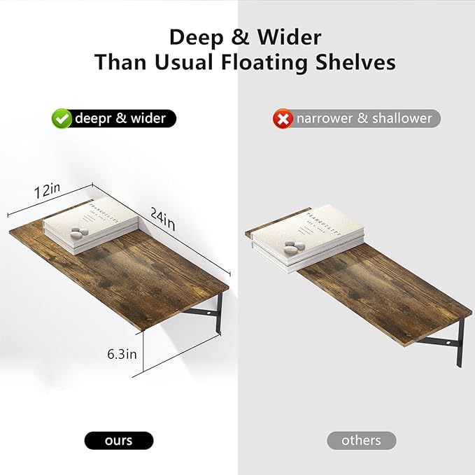 Deep Floating Shelves for Wall Set of 3, 24W x 12 Inch Deep Floating Shelves