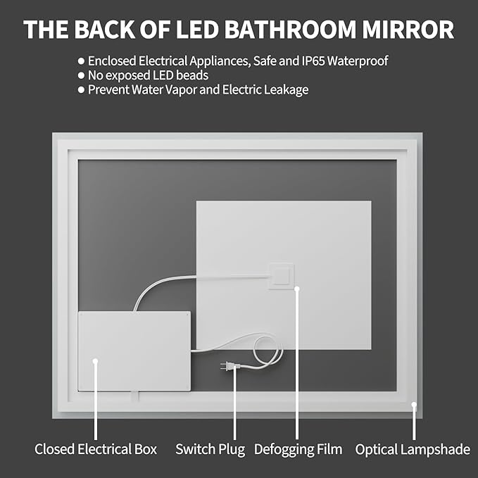 Koonmi 36"x24" LED Mirror for Bathroom, 90CRI Anti-Fog Vanity Mirror