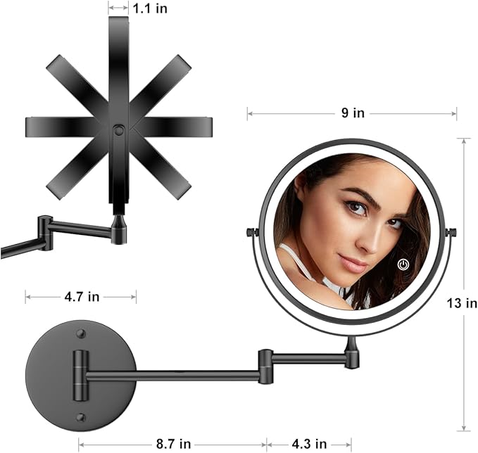Rocollos 9" Wall Mounted Lighted Makeup Mirror, Large Double Sided 1X/10X
