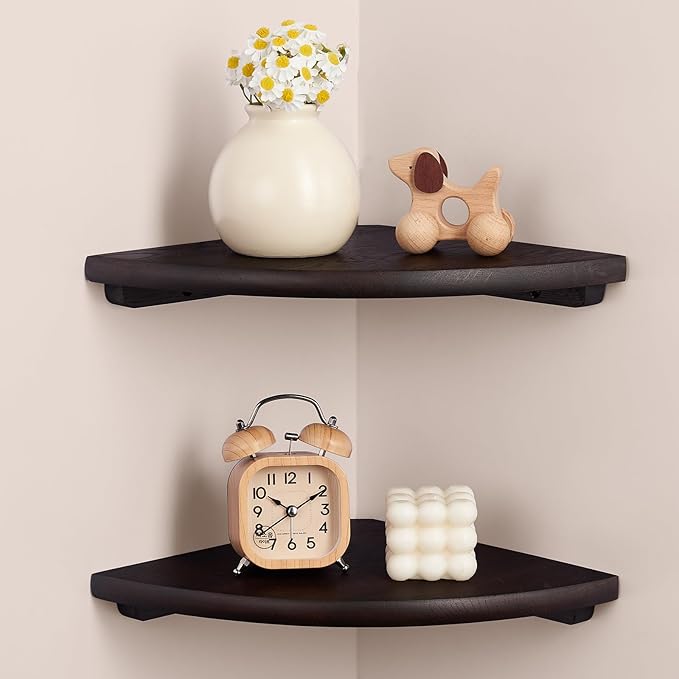 Gieanoo Floating Corner Shelves Set 2 10inch Walnut Solid Oak Rounded Corner